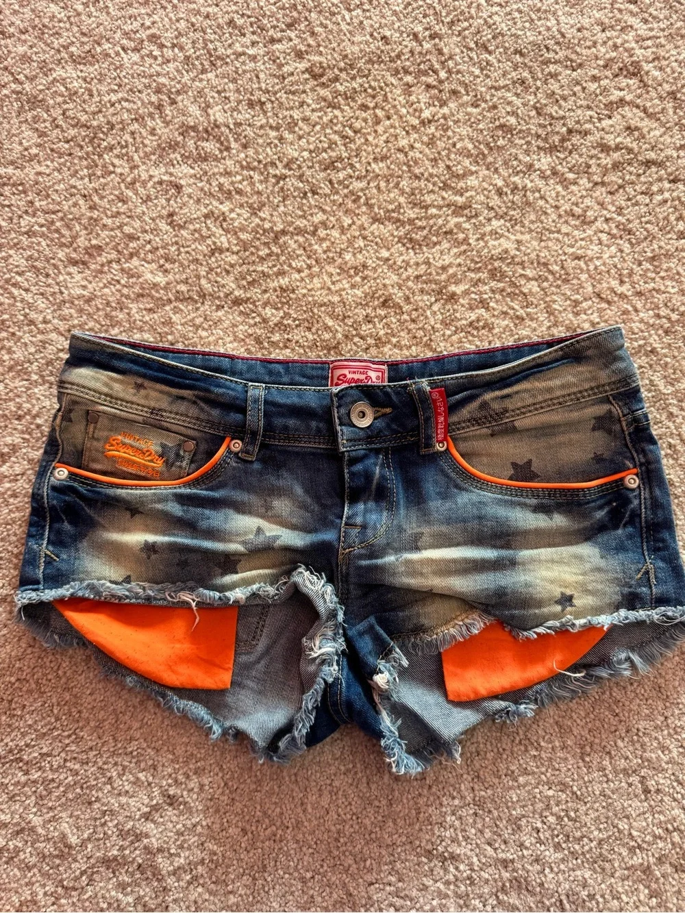 Superdry Women's Blue Distressed Denim Shorts with Orange Trim - Picture 1 of 9